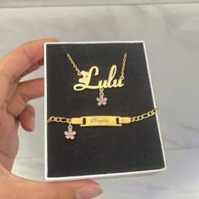 Zirconia Flower Customized Name Jewelry Set For Girl Personalized Nameplate Pendant Cute Necklace Bracelet Gift