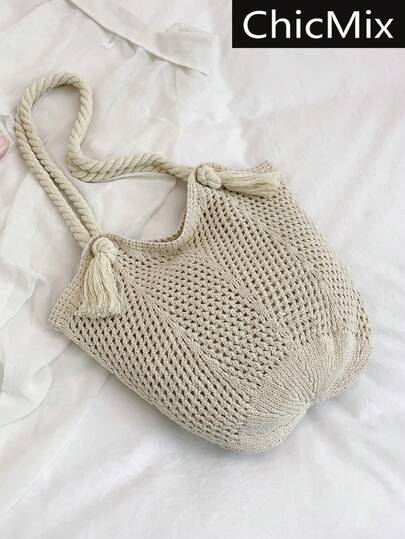 Mini Fashion Solid Color Crochet Hollow Bucket Lightweight Women's Bag Versatile And Simple Vacation Shoulder Bag, Suitable For Shopping, Wallets, Shopping, Young Women, College Students, Newcomers, White-Collar Workers. They Are Very Suitable For Offices, Universities, Work, Business, Commuting, Outdoor Activities, Travel, And Outings