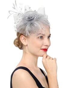 Fascinators Hat Women Tea Party Headband Derby Wedding Flower Cocktail Mesh Feathers Hair Clip - 1-銀灰色 - 查看 2
