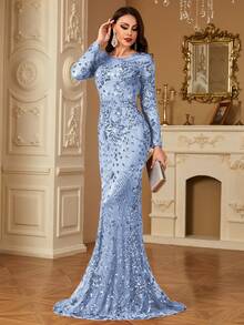 hezixi Stretchy Sequin Dress, Extremely Comfortable, Suitable For Different Figures, Sheer Round Neck Long Sleeve Fitted Mermaid Hem Design, Solid Color Elegant Luxury Maxi Dress For Women, Enhances Youthful Charm, Suitable For Various Parties, Graduations, Weddings And Other Occasions. - Màu xanh lam - Xem 5