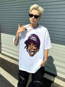 Japanese Spring And Summer Pure Cotton Round Collar Loose Fitting Simple Carton Print Short Sleeve T-Shirt Men's Summer Clothing Sweat Wicking Breathable 100% Cotton Short Sleeve Shirt