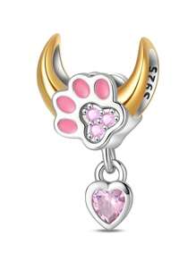 1 pièce Pendentif d'amour pour femmes avec zirconium rose scintillant, motif patte d'animal de compagnie chat chien, lune et étoile, en argent sterling 925. Idéal pour le DIY de bracelet, collier, cadeau d'anniversaire. Parfait pour un port quotidien pour épouse et amies.