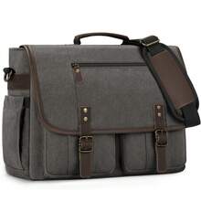 NEWHEY 男士斜挎包 17-17.3 英寸复古帆布公文包防水大号电脑笔记本电脑包坚固挎包单肩包适合工作旅行、大学书包 - 彩色 - 查看 4