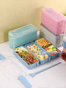 1 Set Bento Box Set, 3-In-1 Bento Box Set, 3 Compartments Container, Adult Lunch Box With Separators, Utensils, Microwave And Dishwasher Friendly, Suitable For Lunch, Snack, School And Travel School Supplies,Back To School - Multicolor - View 5