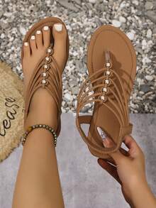 Women's Elastic Band Solid Color Bohemian Fashion PU Leather Beaded Criss-Cross Flat Sandals, Suitable For Party, Beach, Outdoor, Summer,Flip Flops - Yellow Brown - View 8