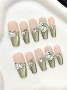 10 件长棺材手工按压指甲，适合派对和日常穿着，绿色，绿色指甲。法式猫眼，长指甲，爆炸薄荷绿猫眼，水钻指甲，易于佩戴 10 件 Y2K 手工按压指甲，夏季指甲，夏季风格，适合女孩和女士节日派对和日常穿着 - 薄荷綠 - 查看 8