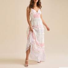 Women Floral Tie Shoulder Dress Deep V Neck Spaghetti Strap Backless A-Line Layered Ruffled Long Dress - Peach - View 6