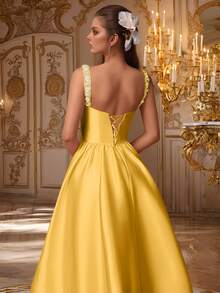 VIPGIRL 香槟粉色无袖垂褶缎面礼服，配亮片肩带和长拖尾，优雅美人鱼款女士正式礼服，舞会礼服，晚礼服，婚礼宾客礼服，奢华迷人的正式礼服 - 黃色 - 查看 9