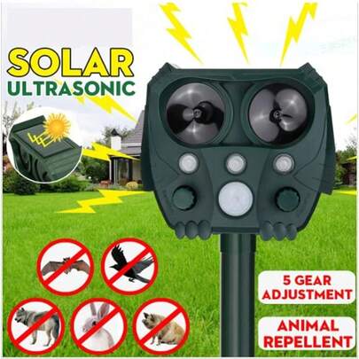 Solar Powered Animal Repeller, Solar Powered Ultrasonic Animal Repeller, Effectively Repels Dogs/Cats/Birds, Suitable For Areas With Difficult Power Supply Such As Farms, Gardens, Lawns, Nurseries, Estates And Orchards. Made Of Waterproof Materials, Sealed Design Allows It To Work In Most Weather Conditions, Waterproof, Windproof, UV-Resistant, Anti-Rust. 5 Adjustable Modes.