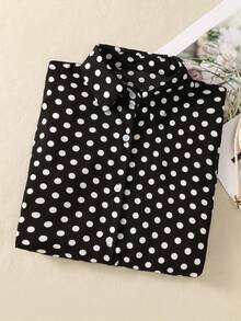 Women's Contrast Polka Dot Button-Front Shirt - Collared Long Sleeve Blouse With Tie Detail For Date Nights/Travel Essentials, All-Season Versatile Wardrobe Must-Have - Black - View 3