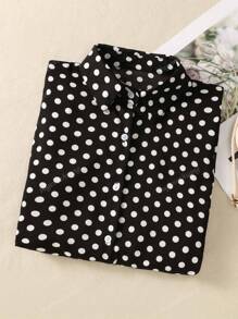 Women's Contrast Polka Dot Button-Front Shirt - Collared Long Sleeve Blouse With Tie Detail For Date Nights/Travel Essentials, All-Season Versatile Wardrobe Must-Have