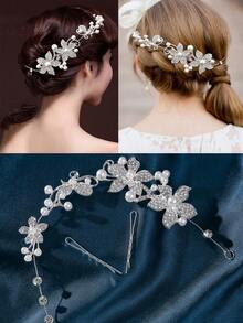 鑲嵌葉形水鑽和仿珍珠裝飾新娘髮箍，優雅的頭飾