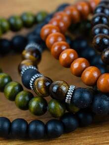 5 件套多层天然虎眼石和木珠手链，适合男士日常佩戴或作为节日礼物 - 彩色 - 查看 3