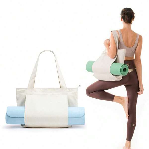 1pc Yoga Bag, With Yoga Mat Organiser Pocket, Anti-Wear And Durable Tote Bag, Beige Polyester Storage Bag, Waterproof Foldable Gym Bag With Inner Pocket, Suitable For Dance/Office/Exercise/Pilates/Travel/Beach/Swimming And Gym Hand Shoulder Hobo Bag