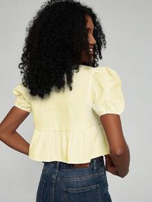 Women's Fashion Casual Mash Solid Coloured Round Neck Bowknot With Ruffled Hem Short Sleeve Shirt - Yellow - View 6