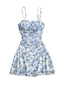 Vestido halter con estampado floral para mujer, elegante y a la moda, con tirantes delgados, adecuado para primavera, verano, otoño e invierno - Azul - Ver 6