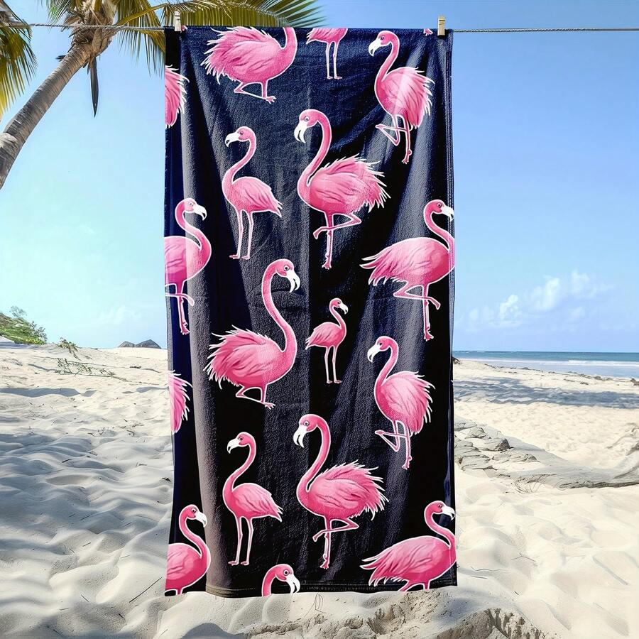 粉色火烈鸟印花沙滩巾柔软舒适夏季沙滩配件泳池毛巾速干大尺寸轻便旅行毛巾沙滩必备品 - 彩色 - 查看 1