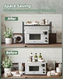 Expandable Microwave Rack, 2-Layer Microwave Oven Rack, Stand, Storage Rack, Kitchen Corner Rack, Desktop Printer Rack, Baker Rack (Black/White) - Black - View 8