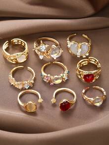 9pcs Set Asymmetrical Hollow Heart Rhinestone Faux Gemstone Star Burst Design Chunky Rings, Cute Stackable Fashionable Elegant Vintage Style, Suitable For Holiday, Party, Date, Daily Wear, Gift - Yellow Gold - View 6