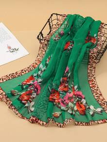 1 pieza Pañuelo de mujer de gasa ligera con estampado de paisley y leopardo, elegante chal protector solar de bufanda larga para uso diario, primavera/verano, adecuado para el Día Nacional de Arabia Saudita, verde, playa, vacaciones - Verde - Ver 2