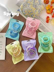 6 件/包 - 简约糖果色发带，柔软造型发带套装，高弹力发带，不损伤螺旋发带，防扭马尾辫夹，适合日常化妆、通勤、运动、马尾辫、派对装饰、新娘派对、单身派对、女生礼物、情人节 - 彩色 - 查看 1