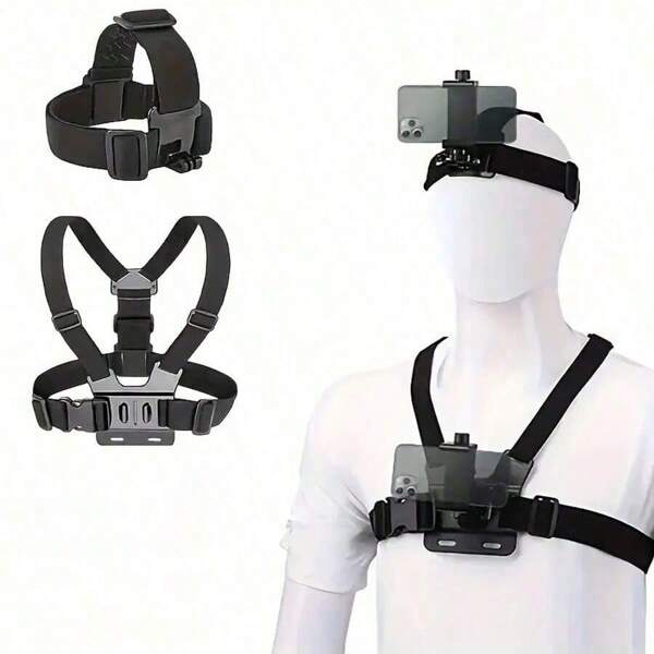 Kit di attacco a fascia per il petto per telefono cellulare, compatibile con telecamere d'azione, per POV/vlog, pesca, bicicletta, supporto per molletta per telefono