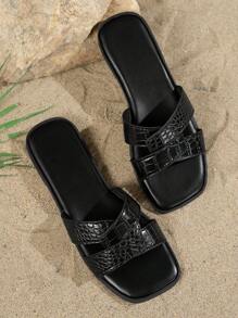 Women's Plastic Sandals, Fashionable Square Toe Casual Slide Sandals, Comfortable Beach Flip Flops - Black - View 6