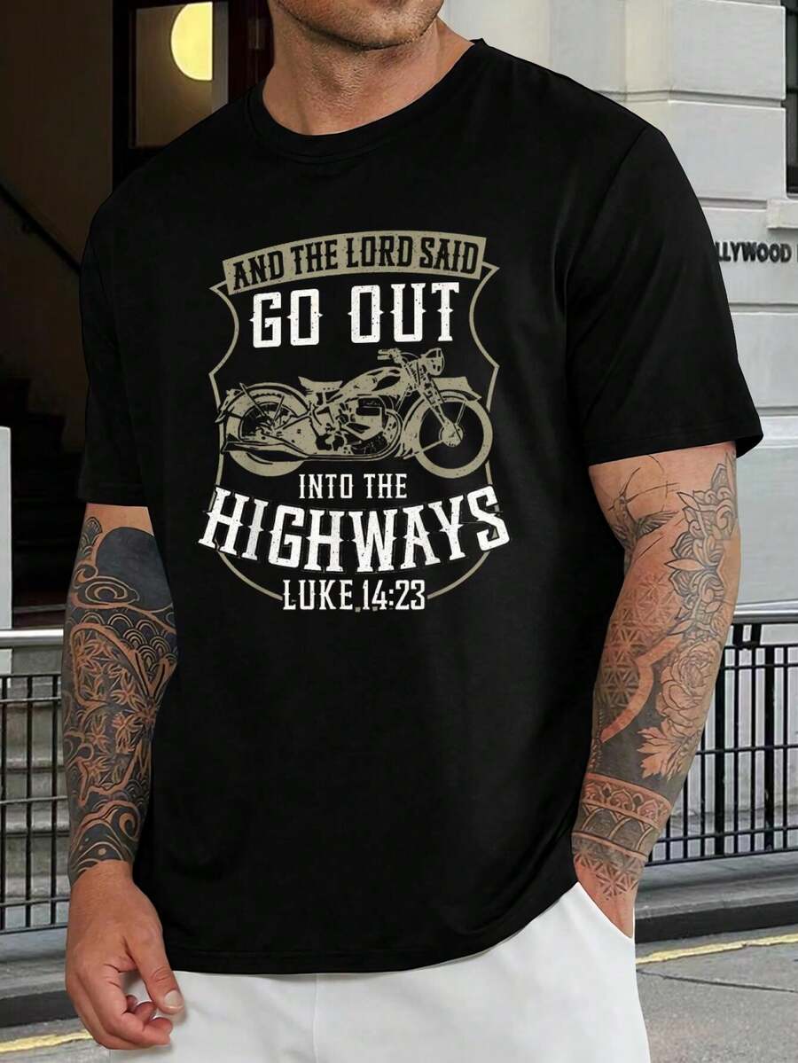 Camiseta de motociclista vintage para hombre - Camiseta gráfica "Sal a las carreteras" - Parte superior informal de manga corta para viajes por carretera - Negro - Ver 1
