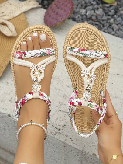 Plus Size 36-43 Women's Round Toe Low Heel Flat Bohemia Style Sandals, Comfy Woven Casual Summer Beach Daily Wear Flat Sandals, Pink & White
