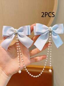 1件/2件套 时尚甜美彩色蝴蝶结仿珍珠流苏发夹，优雅百搭耳侧夹，女士发饰，礼品爪夹发夹，发卡，学生用品，大学用品，仿珍珠发饰，蝴蝶结，可爱 - 淺藍色 - 查看 15