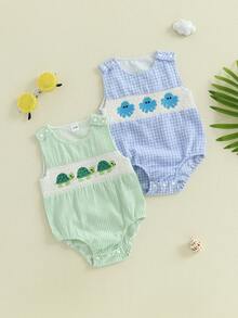 Newborn Boy Turtle Romper Sleeveless Seersucker Stripe Overalls Gingham Plaid Octopus Bodysuit Baby Summer Clothes 3 6 12 18 Months - Green - View 1