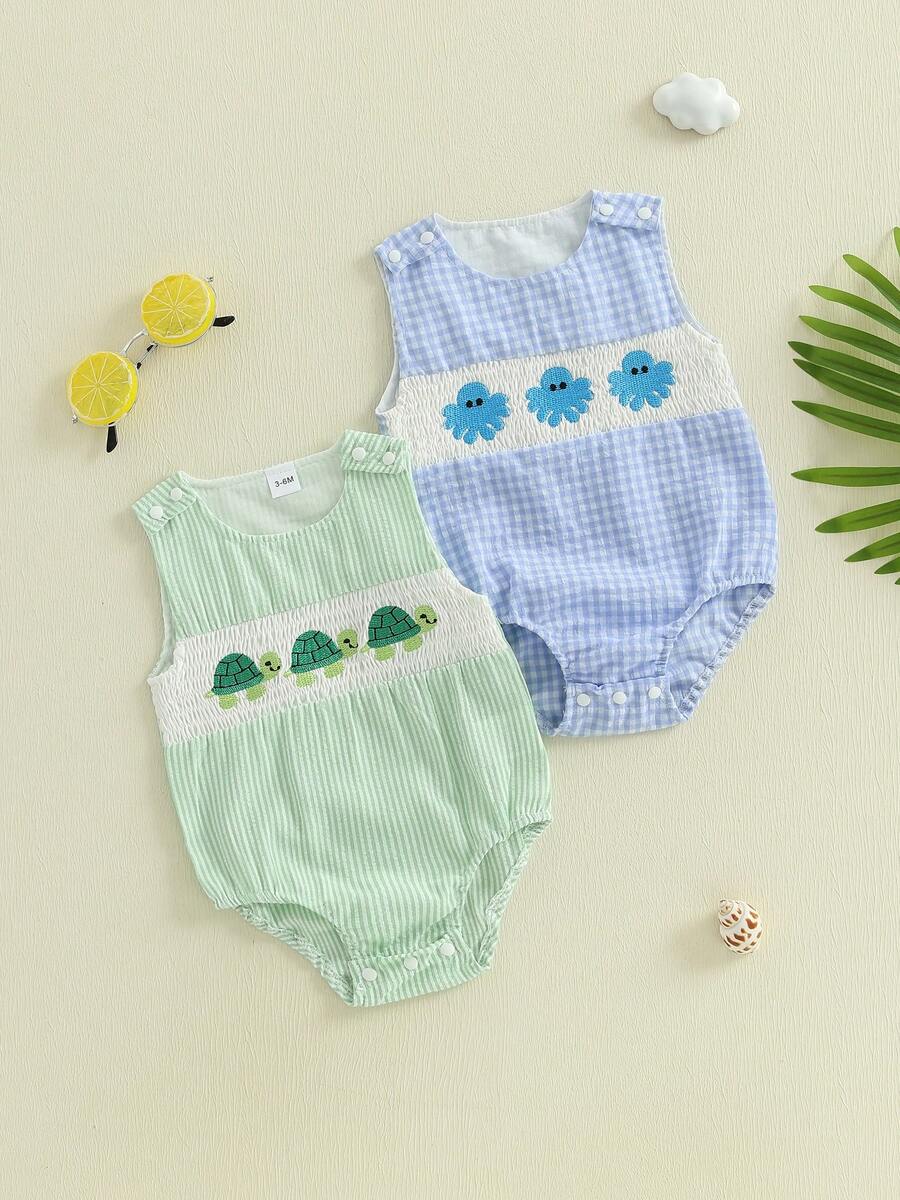 Newborn Boy Turtle Romper Sleeveless Seersucker Stripe Overalls Gingham Plaid Octopus Bodysuit Baby Summer Clothes 3 6 12 18 Months - Green - View 1