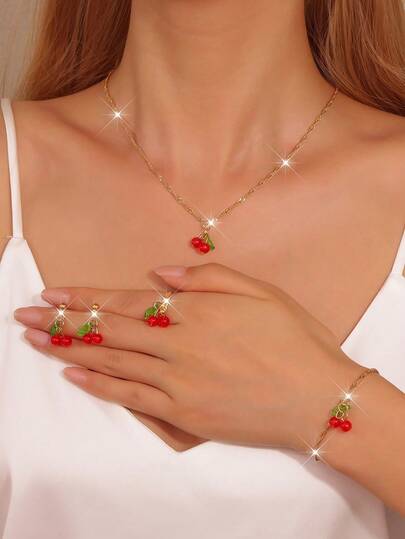 Set de 5 piezas de joyería de resina con diseño de frutas delicado, que incluye collar, pulsera, pendientes, anillo y colgante de cereza, adecuado para uso diario, excelente para regalar en el regreso a clases o en vacaciones