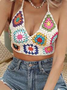 Womens Knit Cami Tops Sleeveless Tie Halter Neck Crochet Floral Camisole Tops Summer Shirts - 杏色 - 查看 3