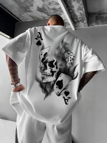 Plus Size Men's Casual Skull And Playing Card Graphic Round Neck Short Sleeve T-Shirt