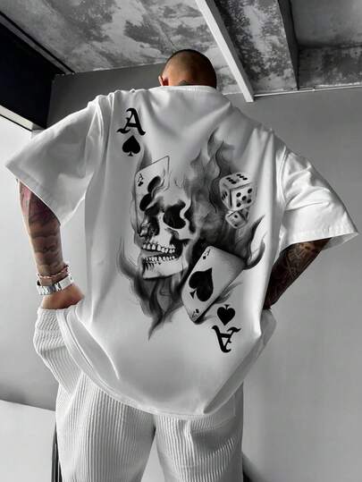 Plus Size Men's Casual Skull And Playing Card Graphic Round Neck Short Sleeve T-Shirt