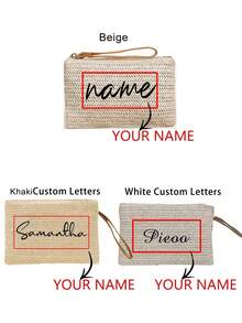 女士个性化手拿包，可定制姓名，个性化草编钱包，草编钱包，女士拉链手提包 - 优雅条纹卡其色手机袋，生日、周年纪念日、母亲节和感恩节的完美礼物