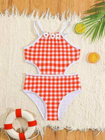 女童镂空格子花卉连体泳衣