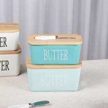 Ceramic Butter Dish, Rectangular Ceramic Butter Dish With Wooden Lid And Butter Knife, 500ml/600ml/850ml Simple Western Style Cheese Storage Box Ceramic Butter Holder - White - View 9