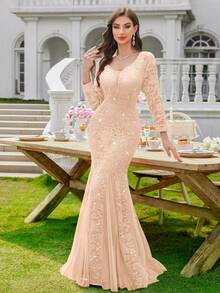MIUSOL 亮片花卉蕾丝深V领长袖网纱美人鱼晚礼服，适合婚礼宾客、正式场合等，也适合情人节春季优雅派对。 - 香檳色 - 查看 11