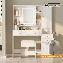 Tocador blanco moderno con lámpara, mesa de maquillaje con taburete y espejo - Blanco - Ver 7