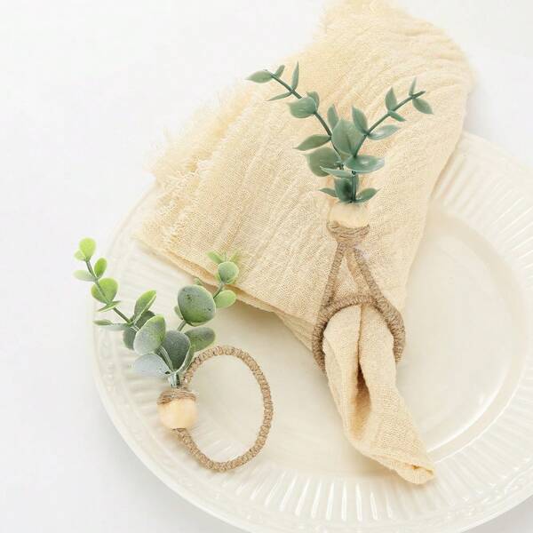 12/6pcs, From Christmas, Festival Gifts, For Daily Life National Day Of Saudi Arabia Napkin Rings Set Of 6 Rustic Eucalyptus Wooden Napkin Rings Boho Leaf Wood Bead Farmhouse Spring Fall Napkin Ring Holder For Family Dining Banquet Wedding Christmas Easter Holiday Table Decor