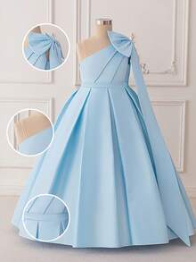 Tween Girls Asymmetric Bow Bridesmaid Party Dress, Elegant Beauty Pageant Princess Banquet Gown For Girls, Graduation Ceremony Birthday Wedding Prom Dress - Blue - View 5