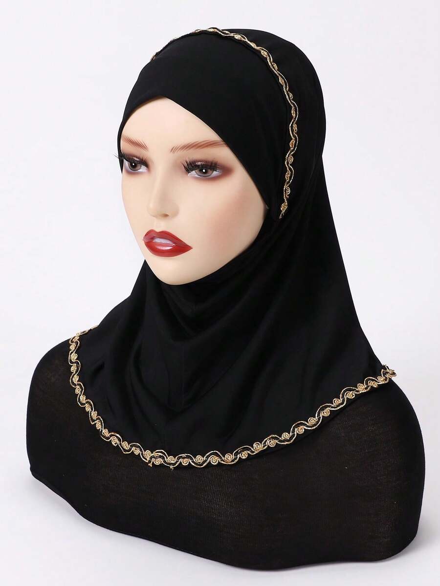 Khăn trùm đầu viền vàng thanh lịch, khăn trùm đầu chống gió thời trang, lý tưởng để đi chơi và làm đẹp cho vẻ ngoài của bạn, băng đô cho abaya hàng ngày dưới mũ, mạng che mặt cho phụ nữ - màu đen - Xem 1