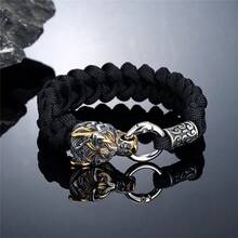 Pulsera vikinga de lobos de la mitología nórdica de Odín para hombres, de acero inoxidable trenzado con cuerda de paracaídas, runas vikingas y nudos celtas para joyas de exterior - Dorado - Ver 1