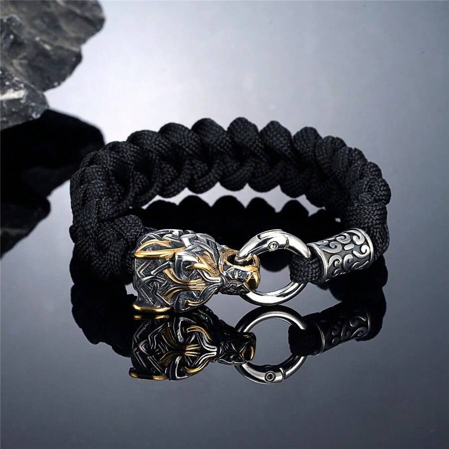 Pulsera vikinga de lobos de la mitología nórdica de Odín para hombres, de acero inoxidable trenzado con cuerda de paracaídas, runas vikingas y nudos celtas para joyas de exterior - Dorado - Ver 1