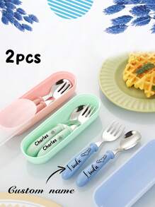 2pcs, Custom Any Name Kids Cutlery Spoon Fork Storage Box Set, Kids Cutlery Set Easter Gifts, For Boys And Girls, Cutlery Set Holiday Gifts, Perfect For Preschool, Kindergarten For Little Children Unified Customized One Set Of Cutlery, School Lunch, Birthday Gifts,Brunch-Ready,Warm Ambience,Home & Living,Customized Dinnerware