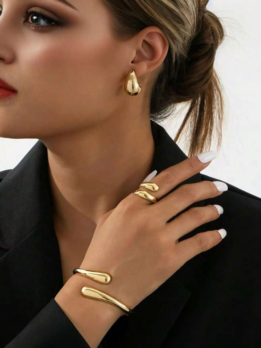 1 Set Minimalist Metallic Geometric Teardrop Shape Shiny Bracelet, Ring, Earrings Set, Suitable For Women Everyday, Party, Date Outfit Accessories