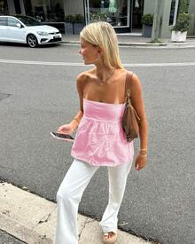 Women Off Shoulder Strechable Pure Color A-Line Loose Hem Tube Tops - Hồng - Xem 2