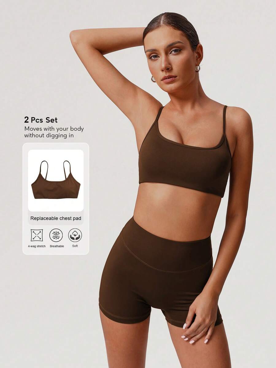 Sodalemon Women 2Pcs Fitness Sets Backless Padded Sport Bra No Front Seam Outdoor Cycling Shorts Elastic Gym Training Sport Set - màu nâu - Xem 1
